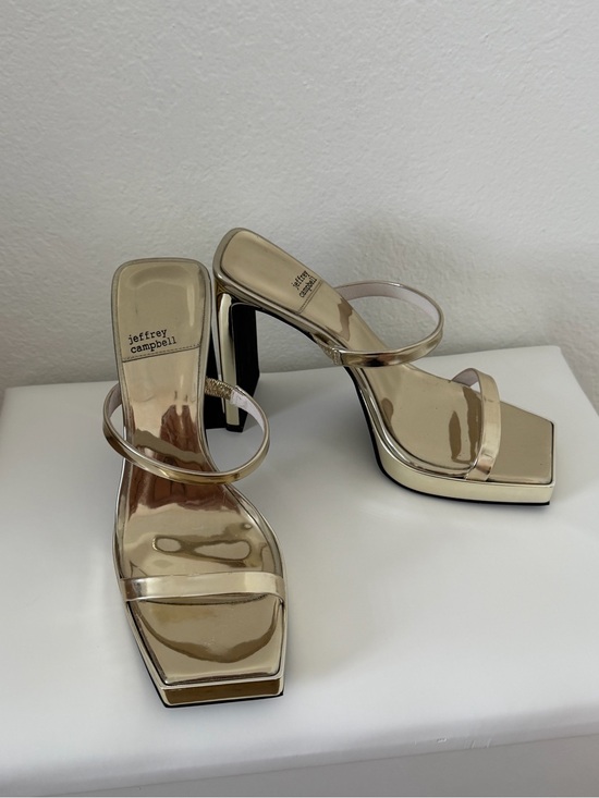 Jeffrey Campbell Shoes - Jeffrey Campbell Metallic Gold Square-Toe High Heel Slides
